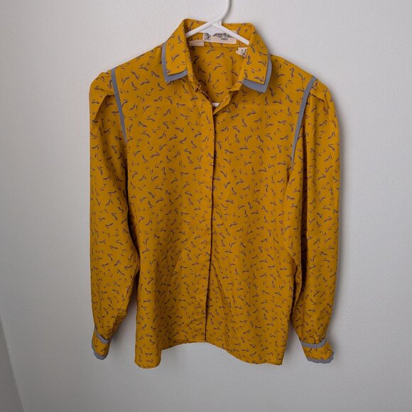 Serge Nancel Tops - Serge Nancel Paris Mustard Yellow & Blue Heel Printed Long Sleeve Button Down